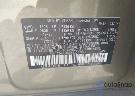 2018 Subaru Outback 2.5I Premium from USA, damaged, VIN 4S4BSACC4J3217822